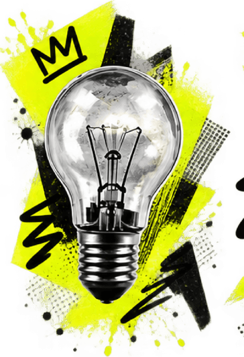 The OnlyComz ComzIQ lightbulb: a lit bulb on a lime painted panel with black brush marks and doodles.