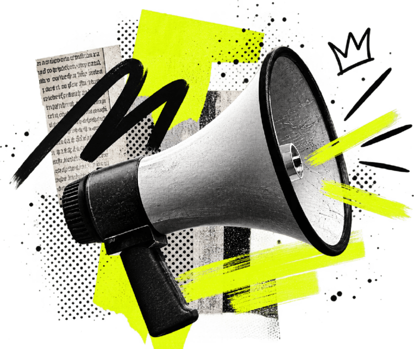 The OnlyComz megaphone collage: a black and white megaphone over neon yellow painted shapes.